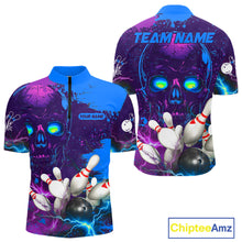 Load image into Gallery viewer, Purple and Blue Lightning Thunder Storm Skull Bowling Shirts For Men Custom Bowling Team Jerseys NQS11729
