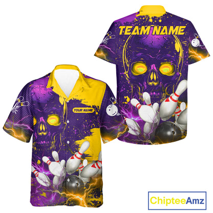 Purple and Yellow Lightning Thunder Storm Skull Bowling Button-up Shirt Custom Bowling Team Jerseys NQS11730