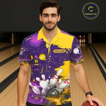 Load image into Gallery viewer, Purple and Yellow Lightning Thunder Storm Skull Bowling Button-up Shirt Custom Bowling Team Jerseys NQS11730