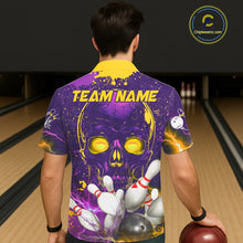 Load image into Gallery viewer, Purple and Yellow Lightning Thunder Storm Skull Bowling Button-up Shirt Custom Bowling Team Jerseys NQS11730