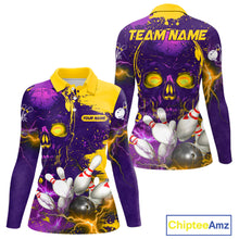 Load image into Gallery viewer, Purple and Yellow Lightning Thunder Storm Skull Bowling Shirts For Women Custom Bowling Team Jerseys NQS11730