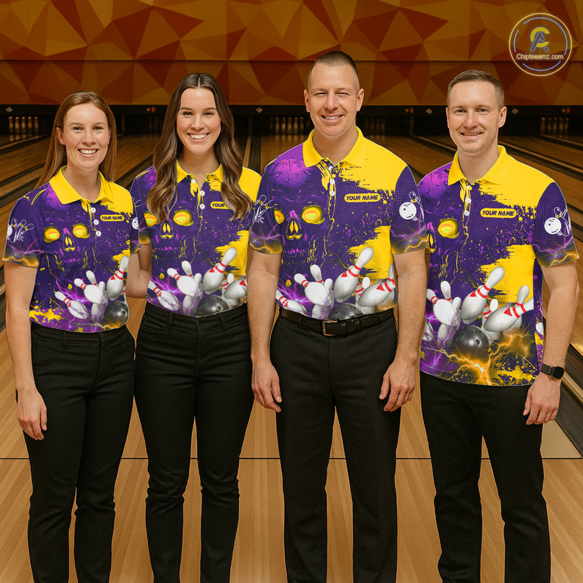 Purple and Yellow Lightning Thunder Storm Skull Bowling Shirts For Women Custom Bowling Team Jerseys NQS11730