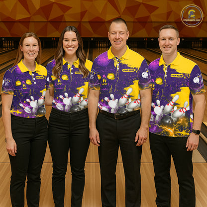 Purple and Yellow Lightning Thunder Storm Skull Bowling Shirts For Women Custom Bowling Team Jerseys NQS11730
