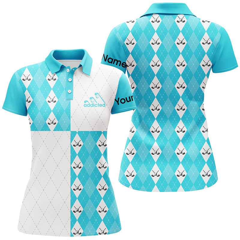 Golf addicted Womens golf polo shirts custom Cyan blue and white golf ball clubs argyle plaid pattern NQS7447
