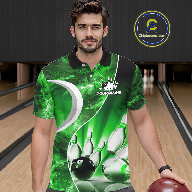 Green Light pattern Bowling Polo, Quarter Zip shirts for men Custom Bowling Team League Jerseys NQS9949