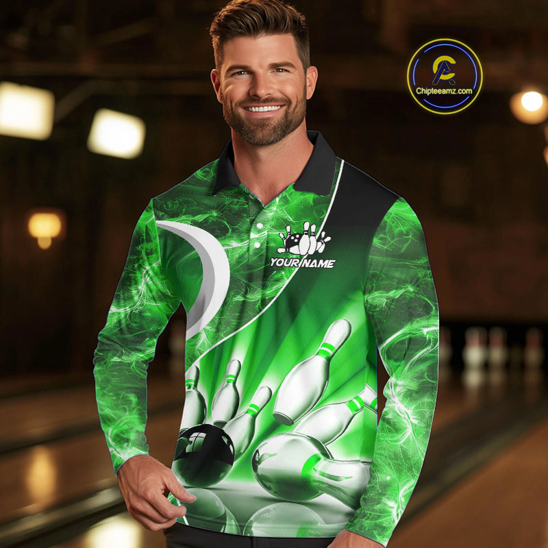 Green Light pattern Bowling Polo, Quarter Zip shirts for men Custom Bowling Team League Jerseys NQS9949