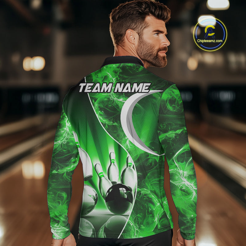 Green Light pattern Bowling Polo, Quarter Zip shirts for men Custom Bowling Team League Jerseys NQS9949
