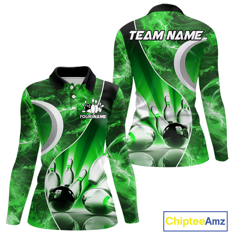 Green Light pattern Bowling Polo, Quarter Zip shirts for Women Custom Bowling Team League Jerseys NQS9949