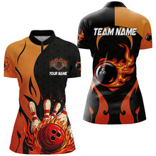 Load image into Gallery viewer, Black and Orange Flame Bowling Polo, Quarter Zip shirts for women custom team bowling jersey bowl gift NQS7799