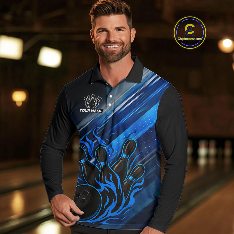 Black and Blue Flame Bowling Polo, Quarter Zip Shirt For Men Custom Team Mens Bowling Jerseys NQS10099