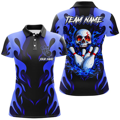 Black and Blue Flame Skull customize bowling shirts for women Team bowling jerseys gift for bowlers NQS8219