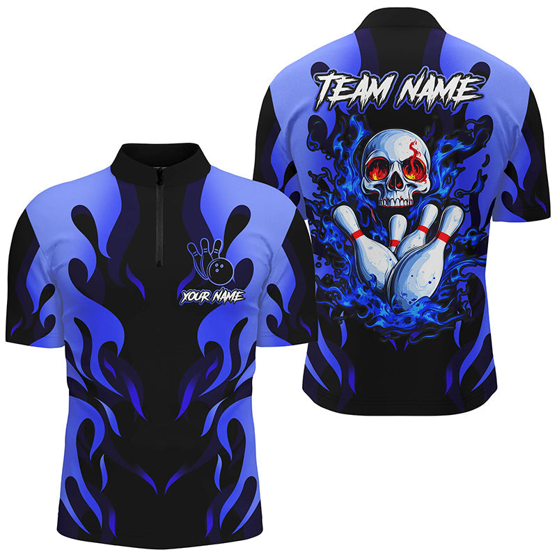 Black and Blue Flame Skull customize bowling shirts for men Team bowling jerseys gift for bowlers NQS8219