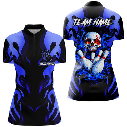 Black and Blue Flame Skull customize bowling shirts for women Team bowling jerseys gift for bowlers NQS8219