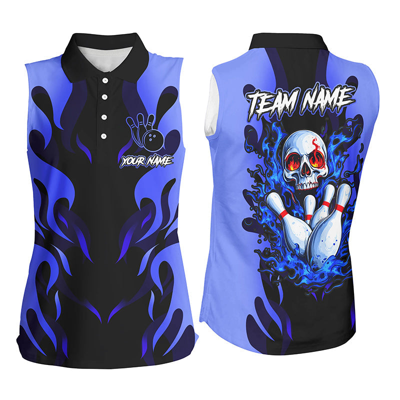 Black and Blue Flame Skull customize sleeveless polo shirts Team bowling jerseys gift for bowlers NQS8219