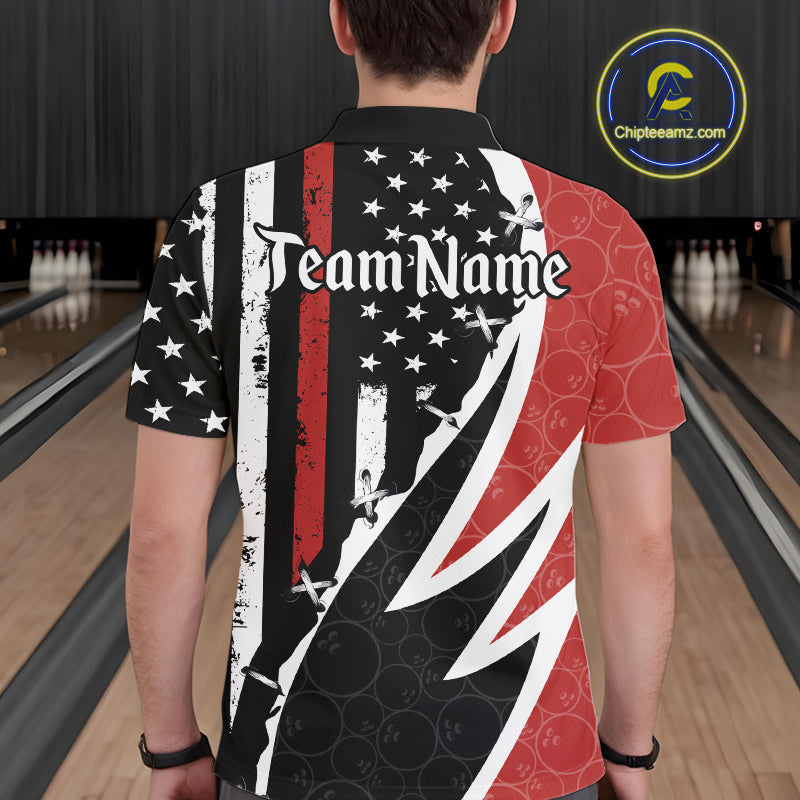 Red, White and Black American Flag Bowling Shirts for Men Custom Patriotic Team Bowling Jersey NQS10429