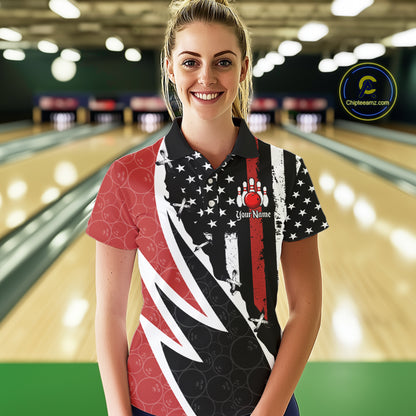 Red, White and Black American Flag Bowling Shirts for Women Custom Patriotic Team Bowling Jersey NQS10429