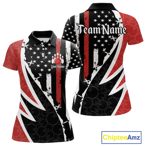 Red, White and Black American Flag Bowling Shirts for Women Custom Patriotic Team Bowling Jersey NQS10429