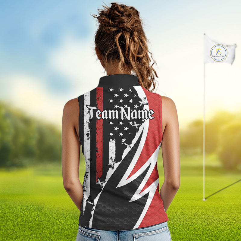 Red, White and Black American Flag Sleeveless polo shirt Custom Patriotic Team Golf attire for ladies NQS10430