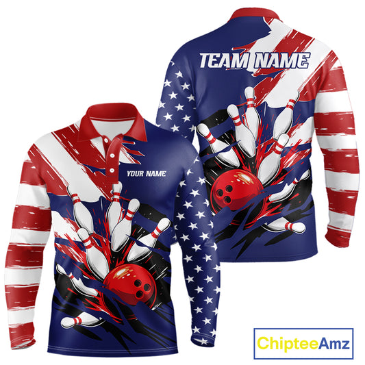 Red, White and Blue American flag Bowling Shirts for Men Custom Patriotic Bowling Team Outfit Uniform NQS10431