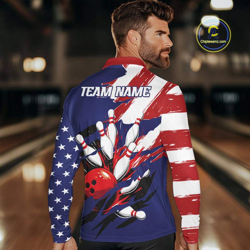 Red, White and Blue American flag Bowling Shirts for Men Custom Patriotic Bowling Team Outfit Uniform NQS10431