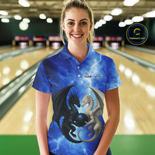 Load image into Gallery viewer, Black &amp; White Dragon Blue Lightning Thunder Custom Bowling Shirt For Women, Dragon Bowling Team Shirt NQS10627