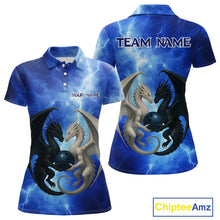 Load image into Gallery viewer, Black &amp; White Dragon Blue Lightning Thunder Custom Bowling Shirt For Women, Dragon Bowling Team Shirt NQS10627