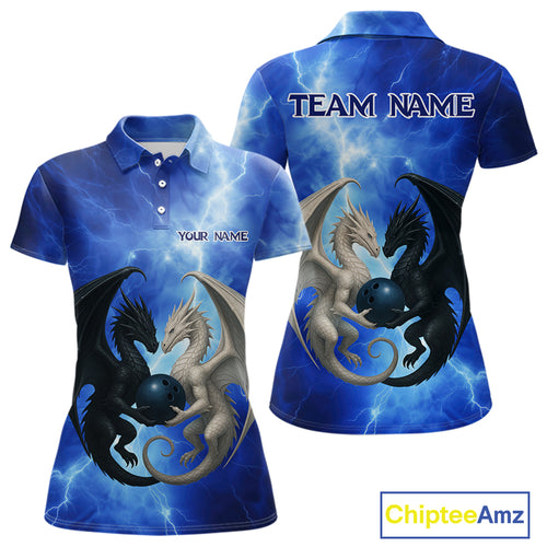 Black & White Dragon Blue Lightning Thunder Custom Bowling Shirt For Women, Dragon Bowling Team Shirt NQS10627
