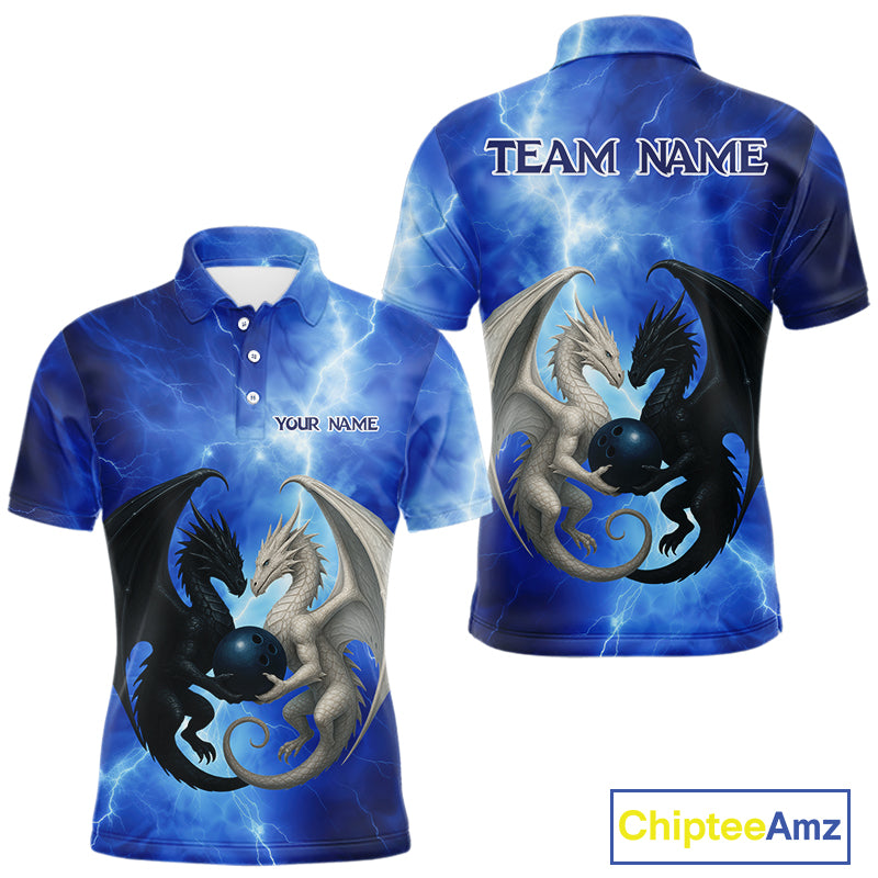 Black And White Dragon Blue Lightning Thunder Custom Bowling Shirt For Men, Dragon Bowling Team Shirt NQS10627