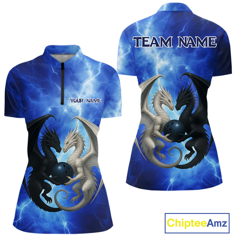 Black & White Dragon Blue Lightning Thunder Custom Bowling Shirt For Women, Dragon Bowling Team Shirt NQS10627