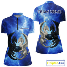 Load image into Gallery viewer, Black &amp; White Dragon Blue Lightning Thunder Custom Bowling Shirt For Women, Dragon Bowling Team Shirt NQS10627