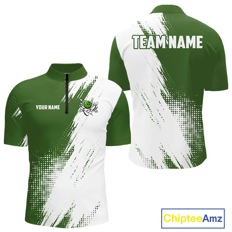 Custom Green and White Strike Bowling Shirts Men Polo, Quarter Zip Bowling Team Jersey Bowling League NQS11037
