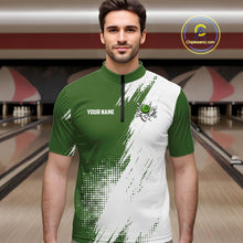 Load image into Gallery viewer, Custom Green and White Strike Bowling Shirts Men Polo, Quarter Zip Bowling Team Jersey Bowling League NQS11037