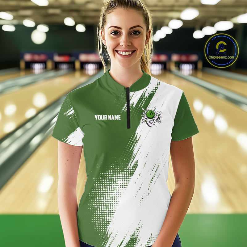 Custom Green and White Strike Bowling Shirts Women Polo, 1/4 Zip Bowling Team Jerseys Bowling League NQS11037