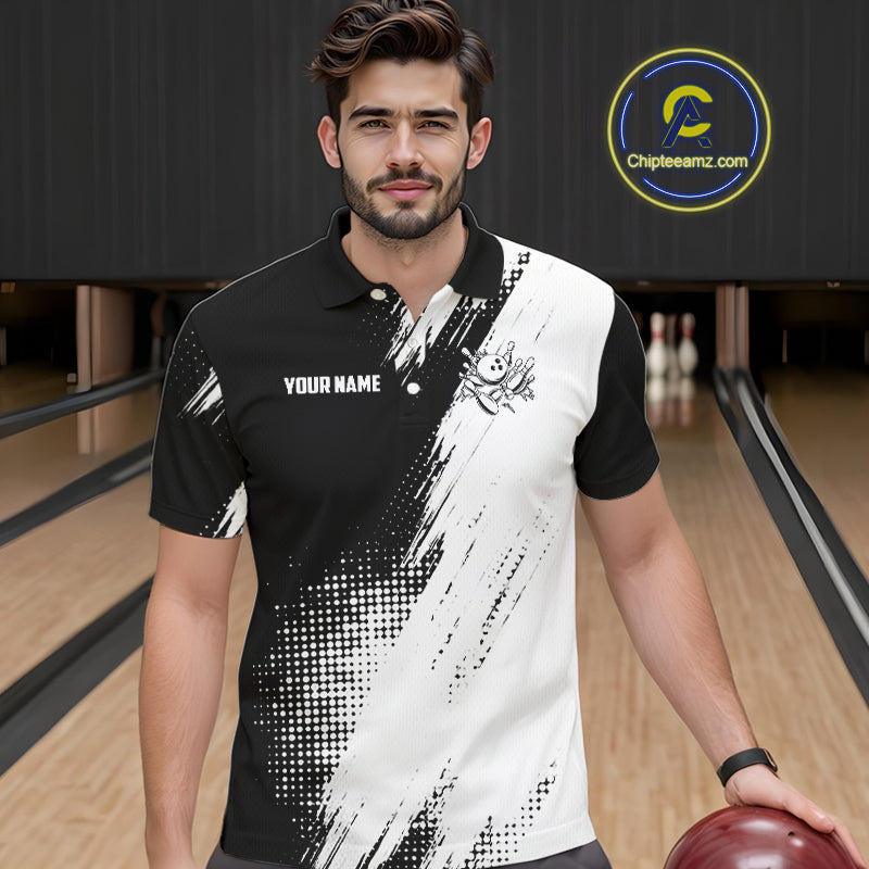 Custom Black and White Strike Bowling Shirts Men Polo, Quarter Zip Bowling Team Jersey Bowling League NQS11038
