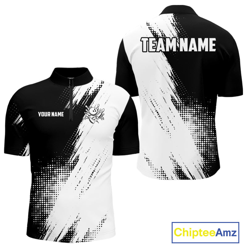 Custom Black and White Strike Bowling Shirts Men Polo, Quarter Zip Bowling Team Jersey Bowling League NQS11038