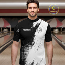 Load image into Gallery viewer, Custom Black and White Strike Bowling Shirts Men Polo, Quarter Zip Bowling Team Jersey Bowling League NQS11038