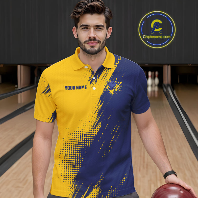 Custom Blue and Yellow Strike Bowling Shirts Men Polo, Quarter Zip Bowling Team Jersey Bowling League NQS11039