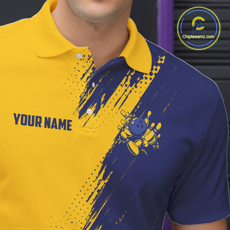 Custom Blue and Yellow Strike Bowling Shirts Men Polo, Quarter Zip Bowling Team Jersey Bowling League NQS11039