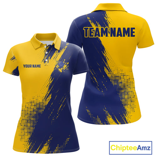Custom Blue and Yellow Strike Bowling Shirts Women Polo, 1/4 Zip Bowling Team Jerseys Bowling League NQS11039