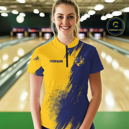 Custom Blue and Yellow Strike Bowling Shirts Women Polo, 1/4 Zip Bowling Team Jerseys Bowling League NQS11039