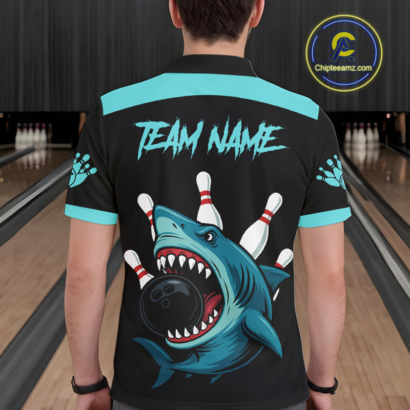 Funny Cyan Blue Shark Men Bowling Polo, Quarter Zip Shirts Custom Team Shark Bowling Outfit Jersey NQS11042