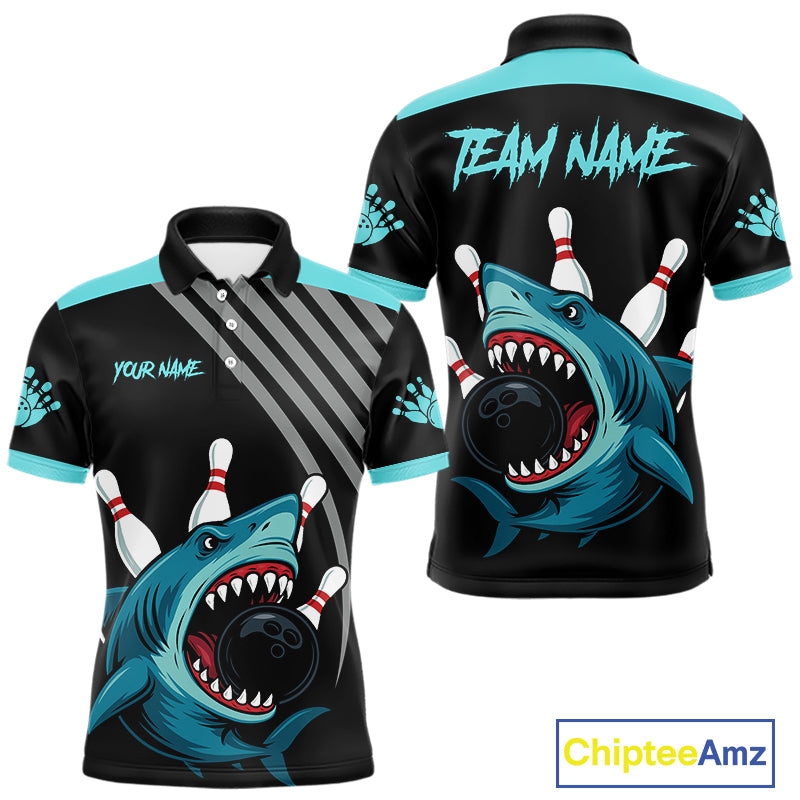 Funny Cyan Blue Shark Men Bowling Polo, Quarter Zip Shirts Custom Team Shark Bowling Outfit Jersey NQS11042