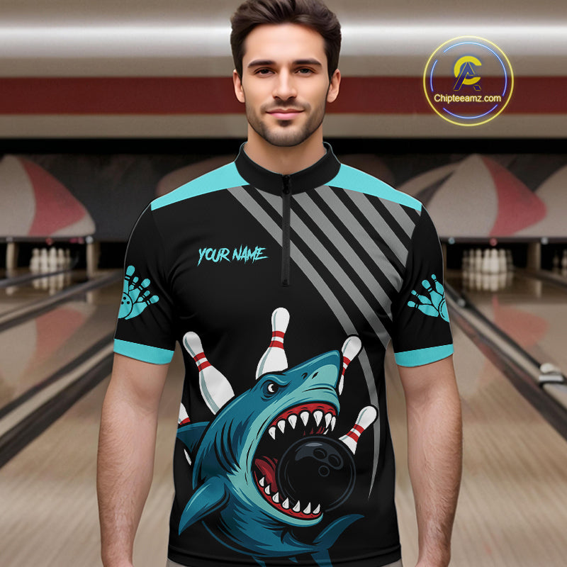 Funny Cyan Blue Shark Men Bowling Polo, Quarter Zip Shirts Custom Team Shark Bowling Outfit Jersey NQS11042