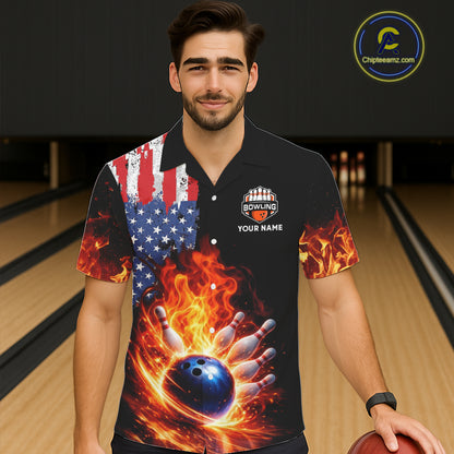 American Flag Flame bowling Hawaiian shirts Custom patriotic team bowling button-up shirts NQS11432