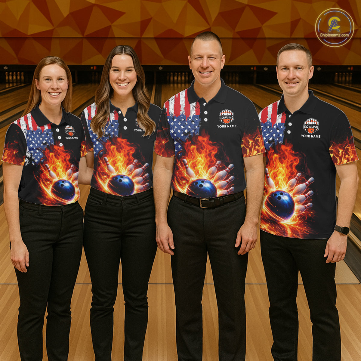 American Flag Flame bowling polo, quarter zip shirts for Men Custom patriotic team bowling jerseys NQS11432