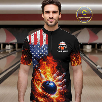 American Flag Flame bowling polo, quarter zip shirts for Men Custom patriotic team bowling jerseys NQS11432