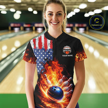 Load image into Gallery viewer, American Flag Flame bowling polo, quarter zip shirts for Women Custom patriotic team bowling jerseys NQS11432
