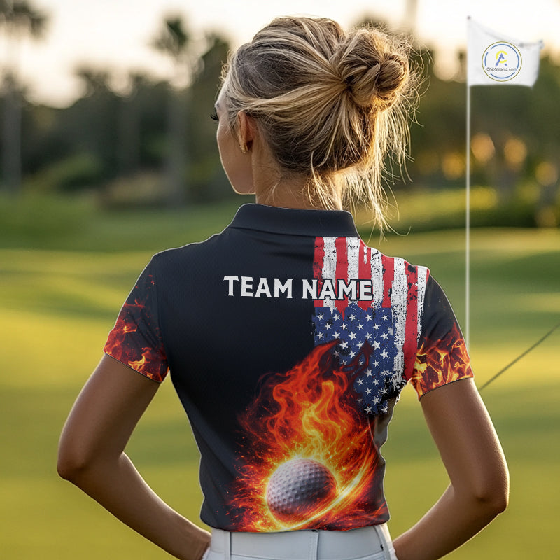 American Flag Flame Golf Polo shirts for Women Custom patriotic team Golf jerseys, ladies golf outfit NQS11433
