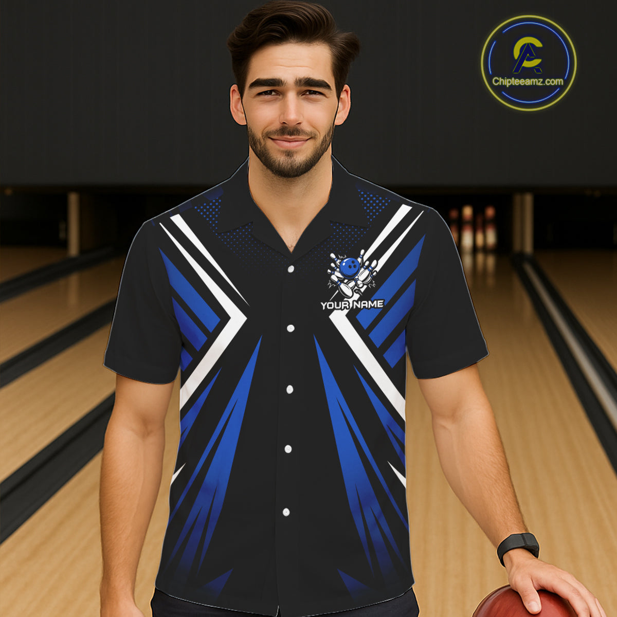 Black and Blue Flame Button-up bowling shirts, Team Bowling Jersey Custom bowling attire NQS11634