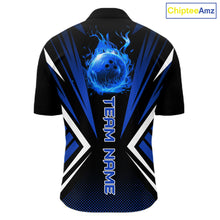 Load image into Gallery viewer, Black and Blue Flame Bowling Shirts For Men, Team Bowling Shirts Custom bowling attire for men NQS11634